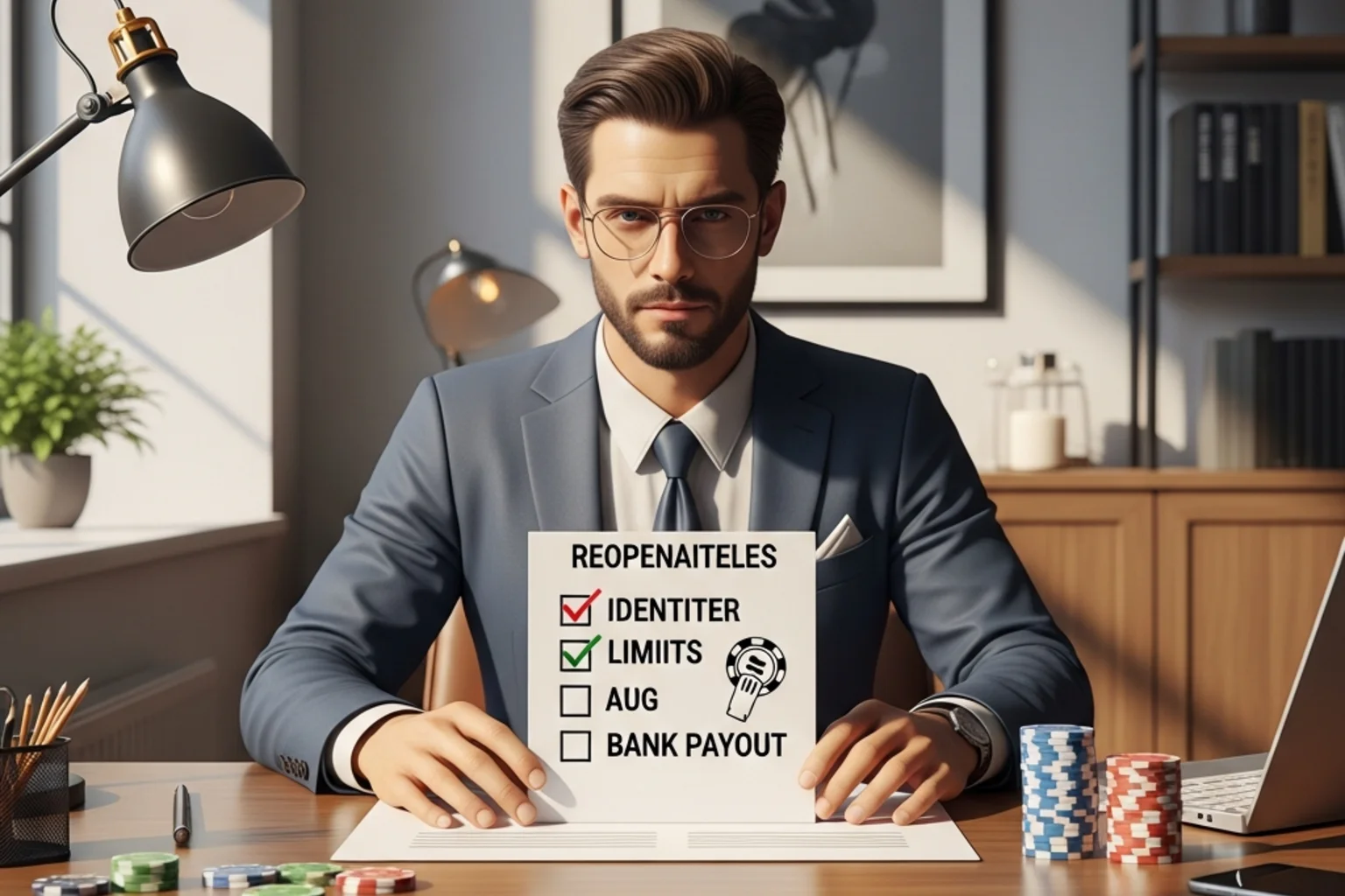 Rustige illustratie van een checklist met identiteit, limieten en uitbetaling op een bureau