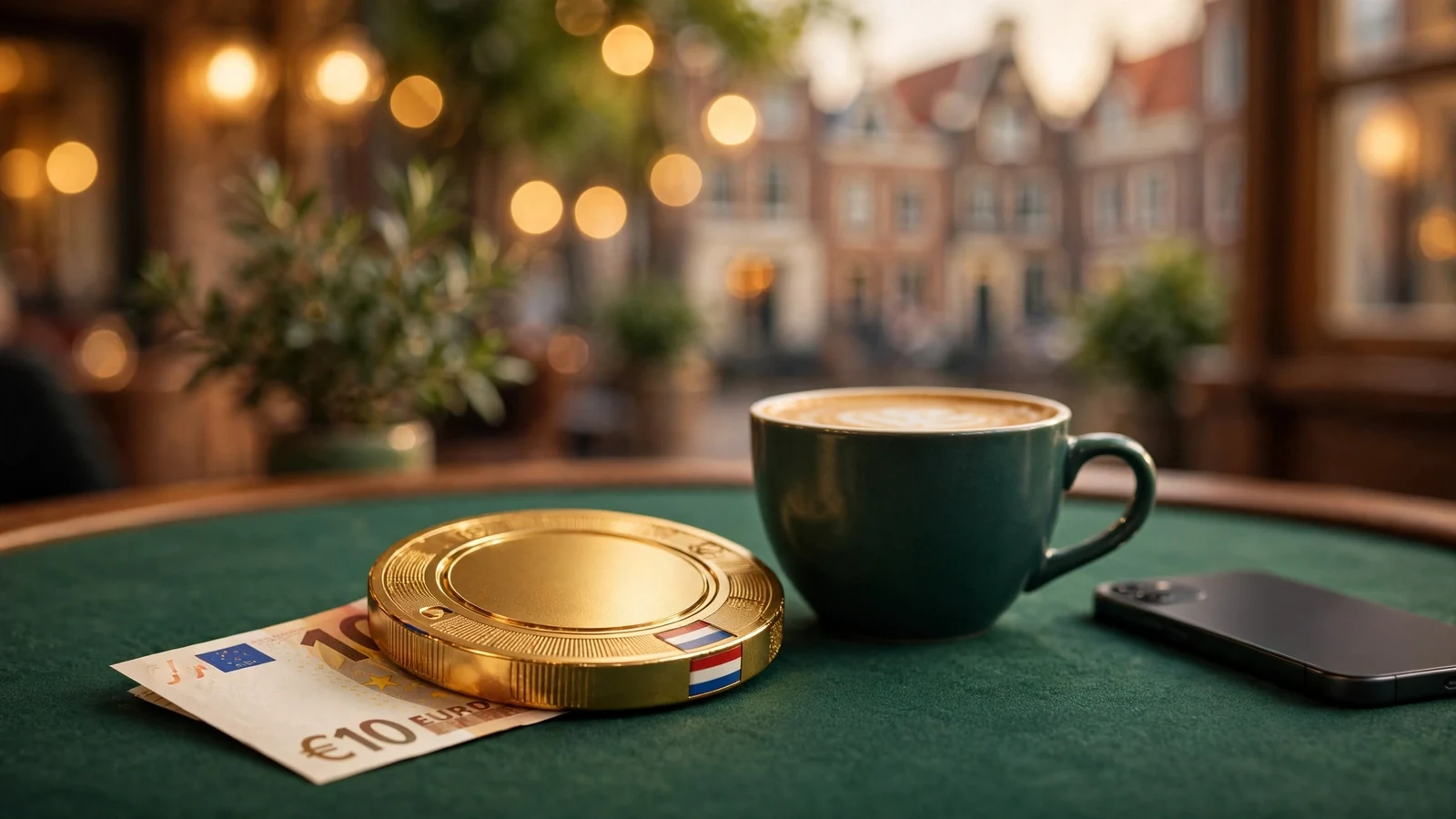 Casino fiche met €10 biljet en smartphone op groene vilt