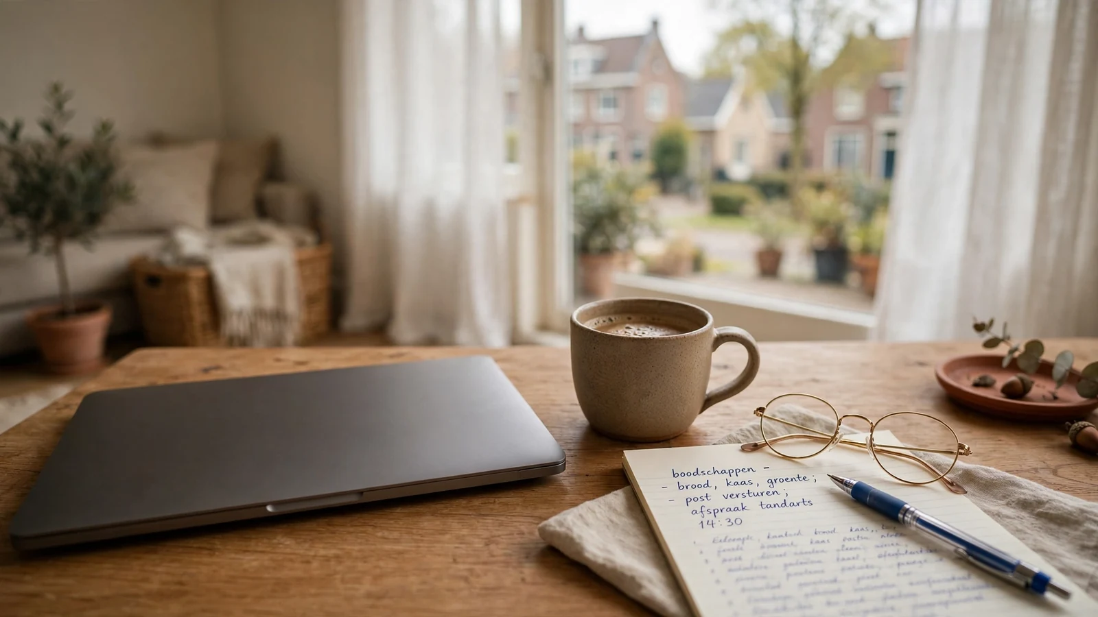 Rustig bureau met gesloten laptop, koffiemok en notitieblok bij daglicht