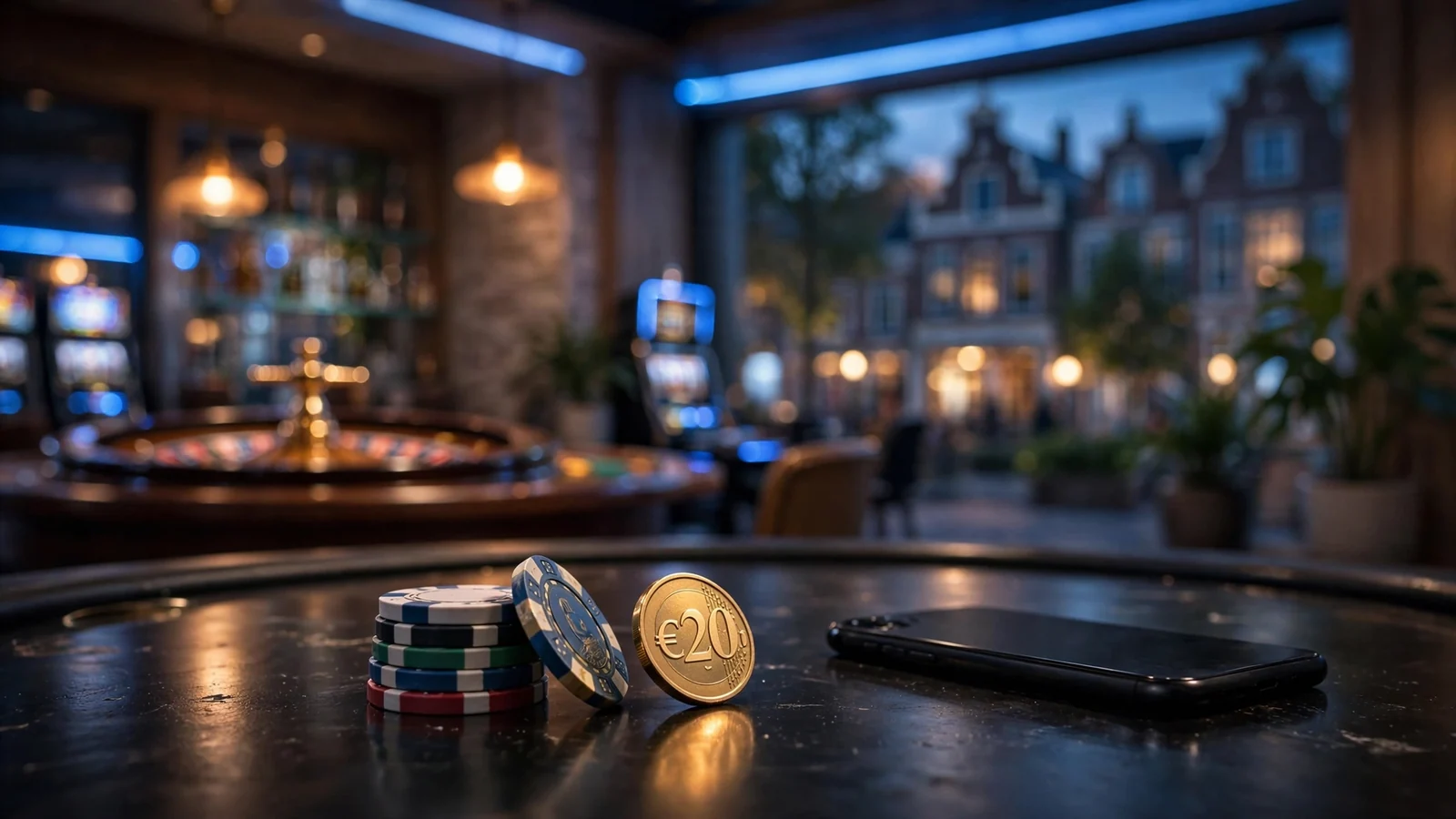 Casino tafel met chipstapel en €20-munt als symbool voor een bonus zonder storting