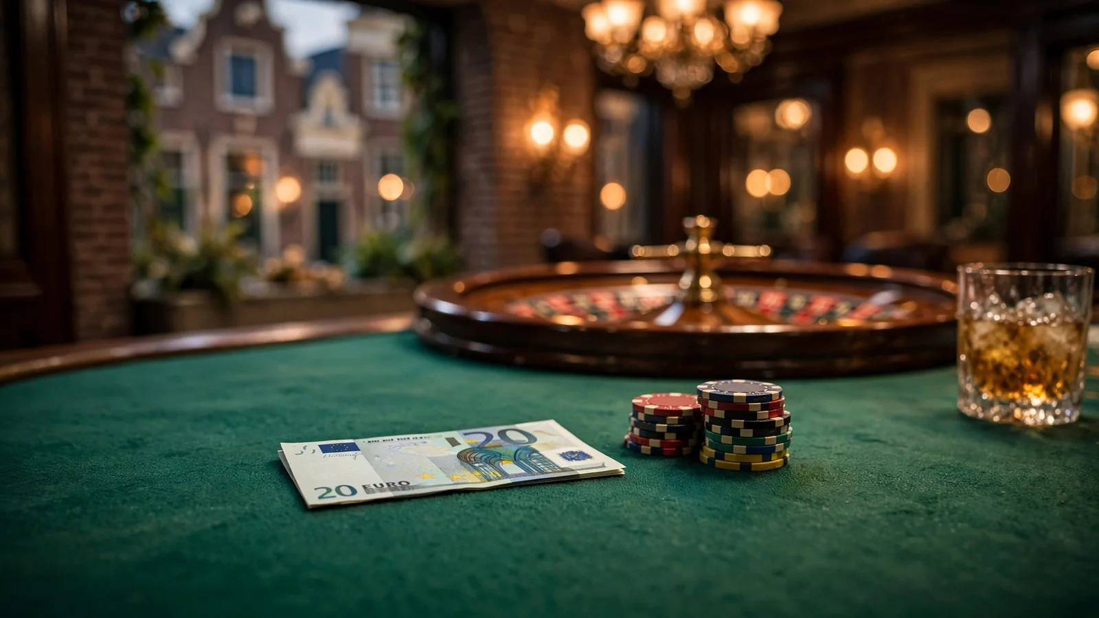 Groene casinotafel met stapel fiches, een twintig euro biljet en roulettewiel op de achtergrond.