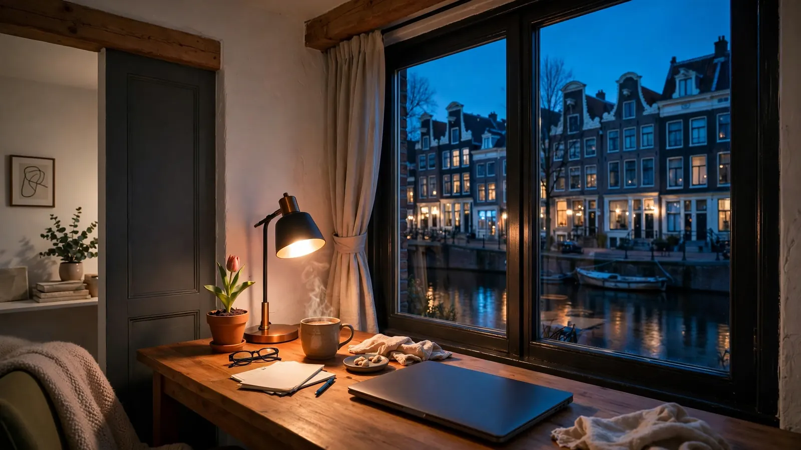Verlichte werkkamer in een Amsterdams grachtenpand 's nachts met laptop en koffie
