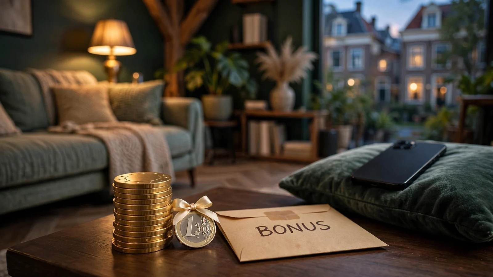 Stapel gouden casinofiches met een cadeaubiljet en een euromunt op een tafel.