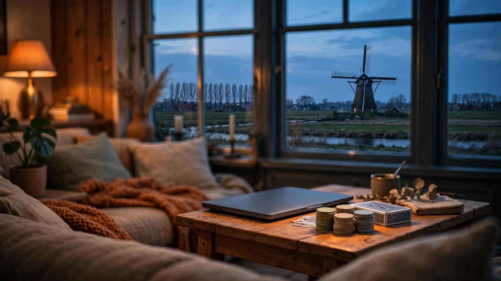 Stapel casinofiches en speelkaarten op een tafel in een gezellige Nederlandse kamer met molen achter het raam.