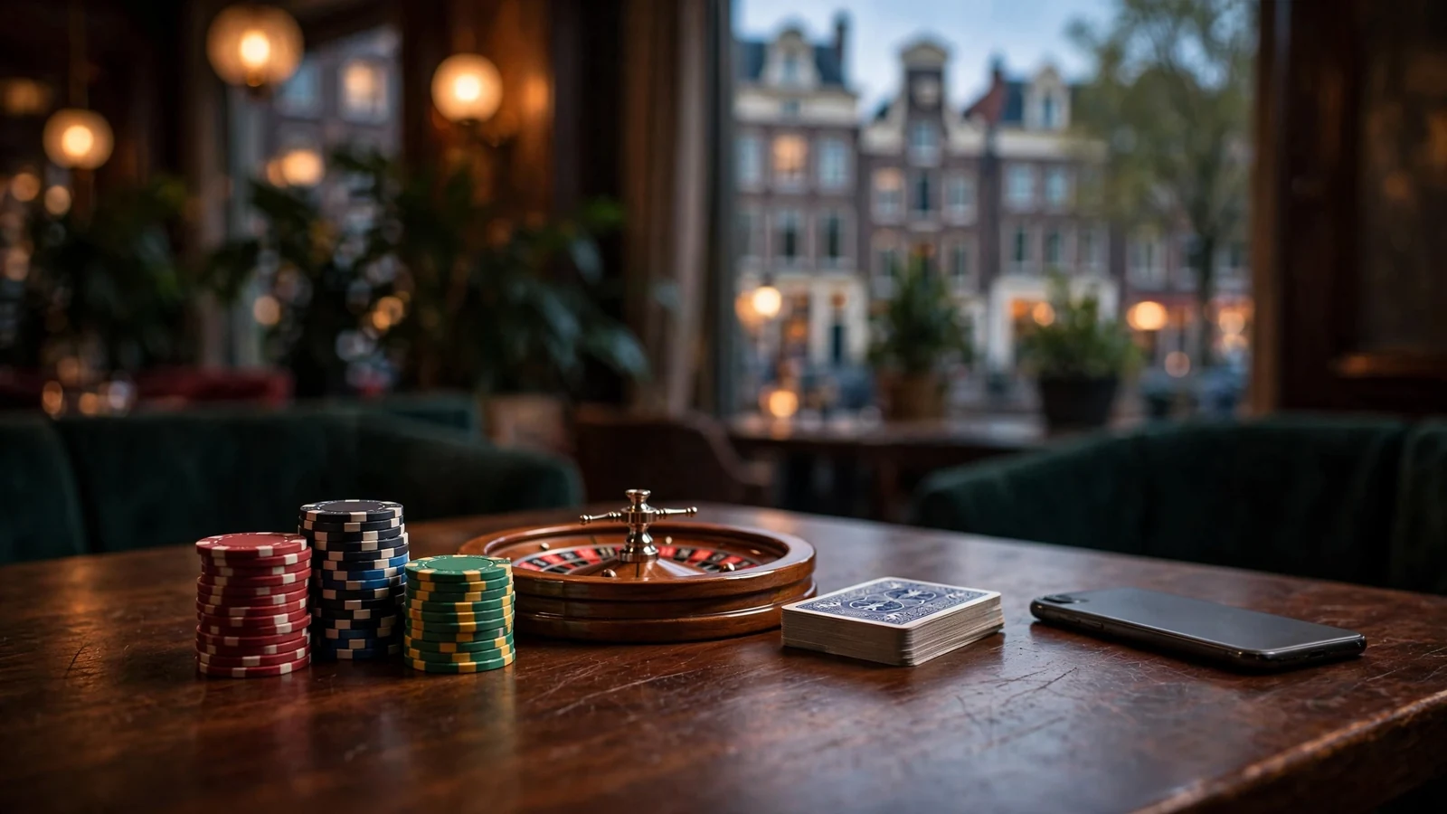 Stapel casinofiches en roulettewiel op een elegante tafel