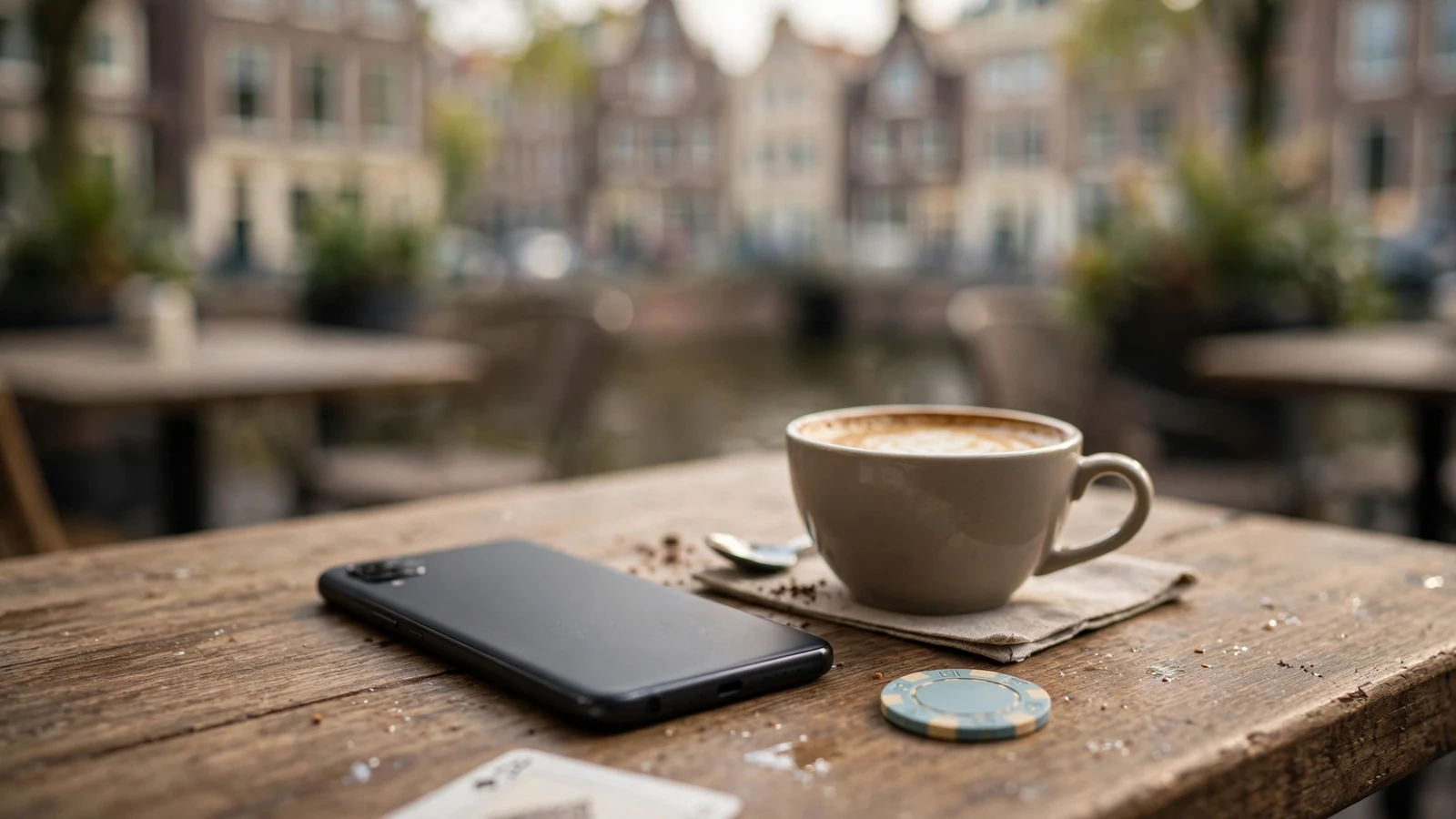 Android-smartphone ligt op een tafel naast koffie en een casinofiche in een Amsterdams café