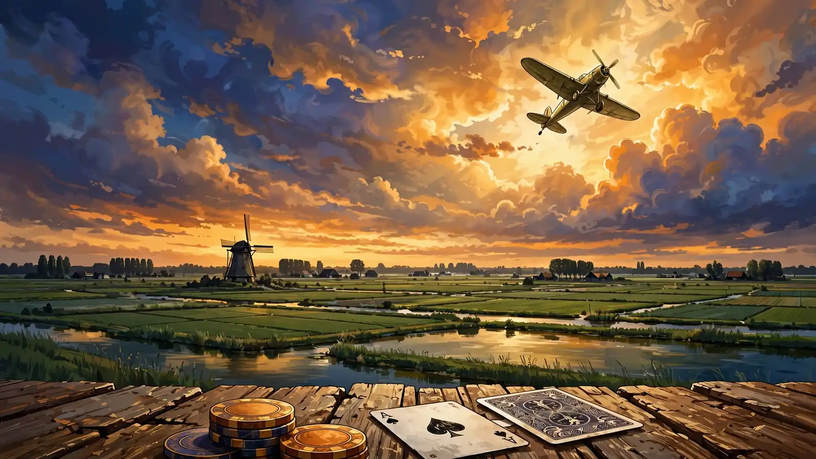 Stijgend vliegtuig boven Nederlands polderlandschap met casino chips bij zonsondergang