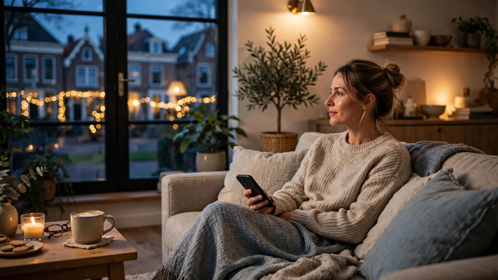 Persoon ontspannen op de bank met telefoon in gezellige huiskamer
