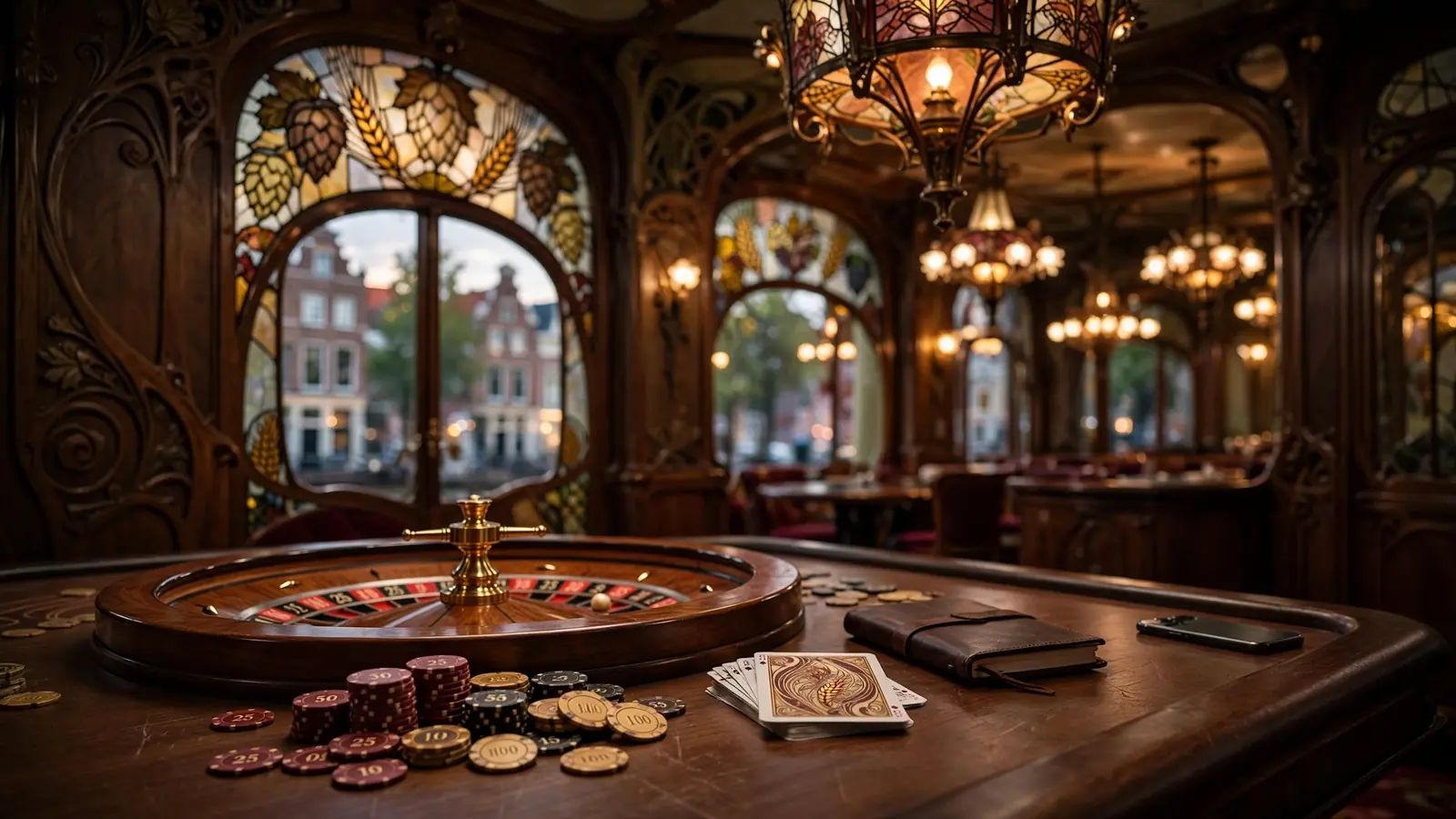 Sfeer van een Belgisch casino met roulette en fiches
