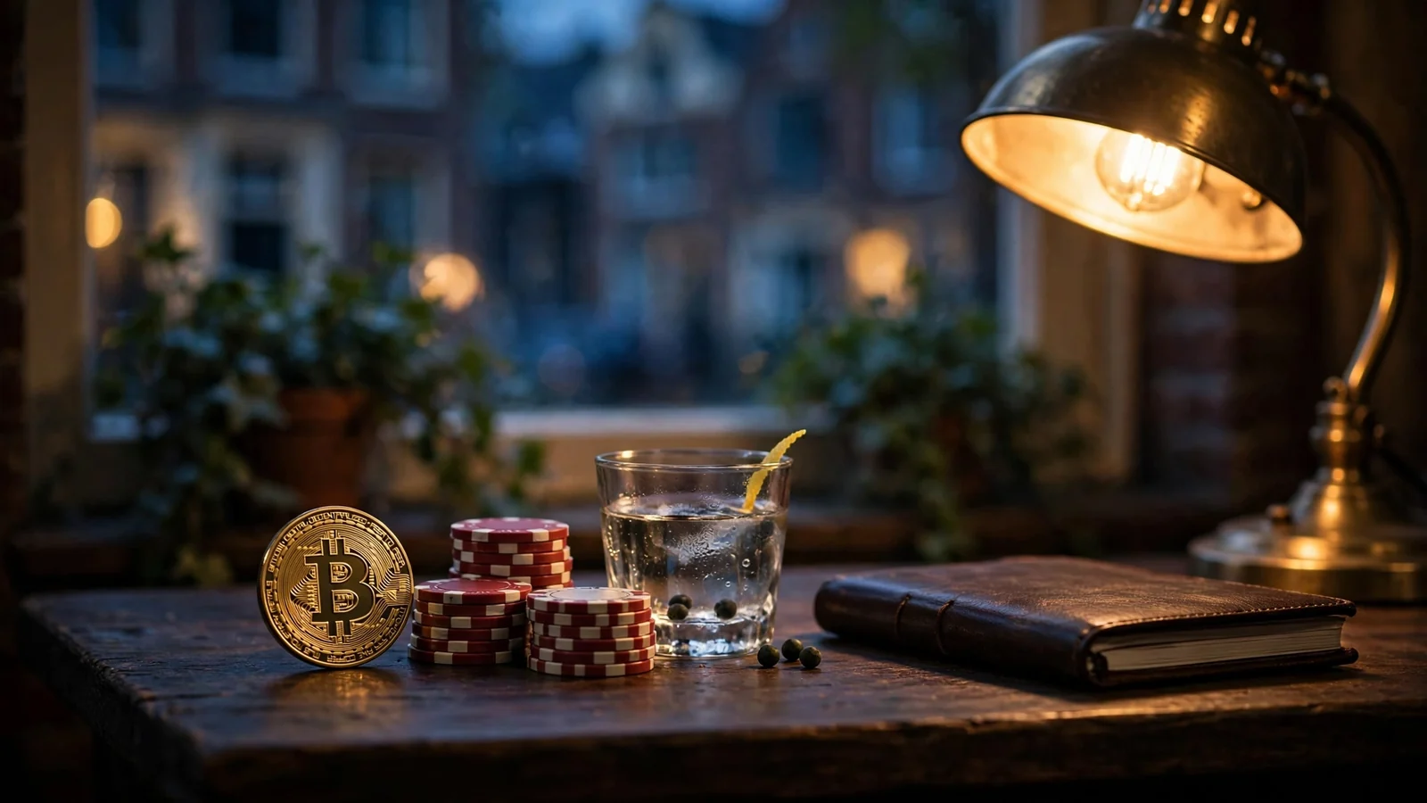 Bitcoin-munt met casinofiches op een Amsterdamse tafel