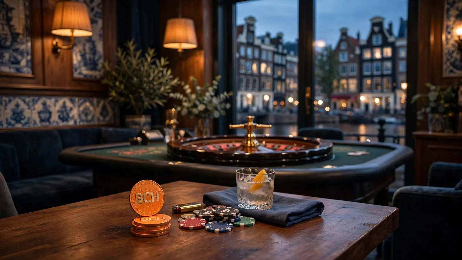 Stijlvolle Nederlandse casinokamer met BCH-tokens en roulettewiel
