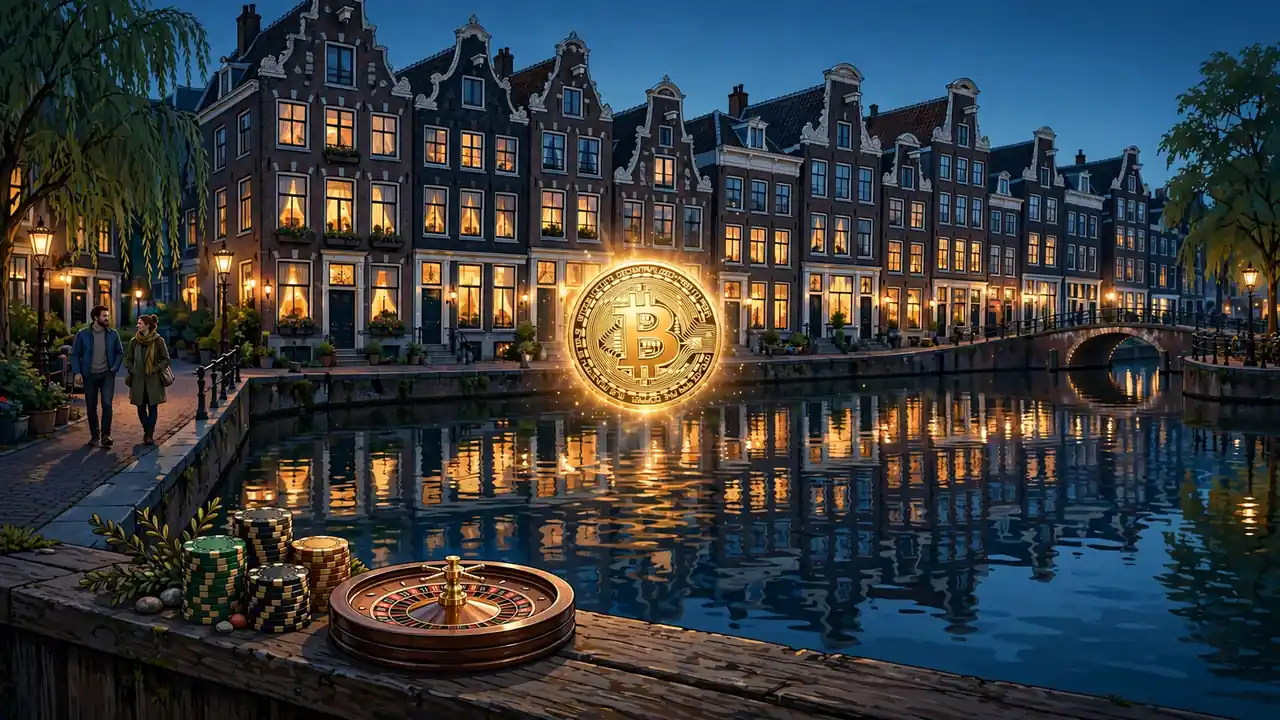 Stijlvolle Nederlandse gracht bij schemering met Bitcoin-munt en casino-elementen