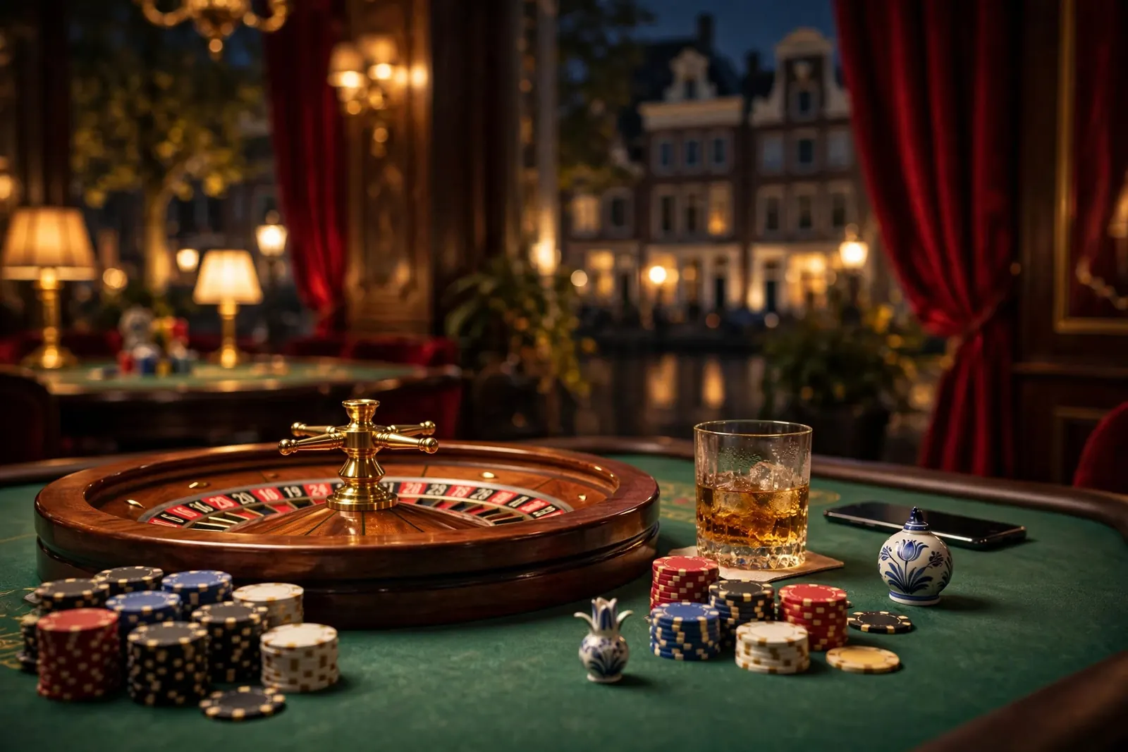 Elegant casino tafel met roulettewiel en fiches bij warm avondlicht