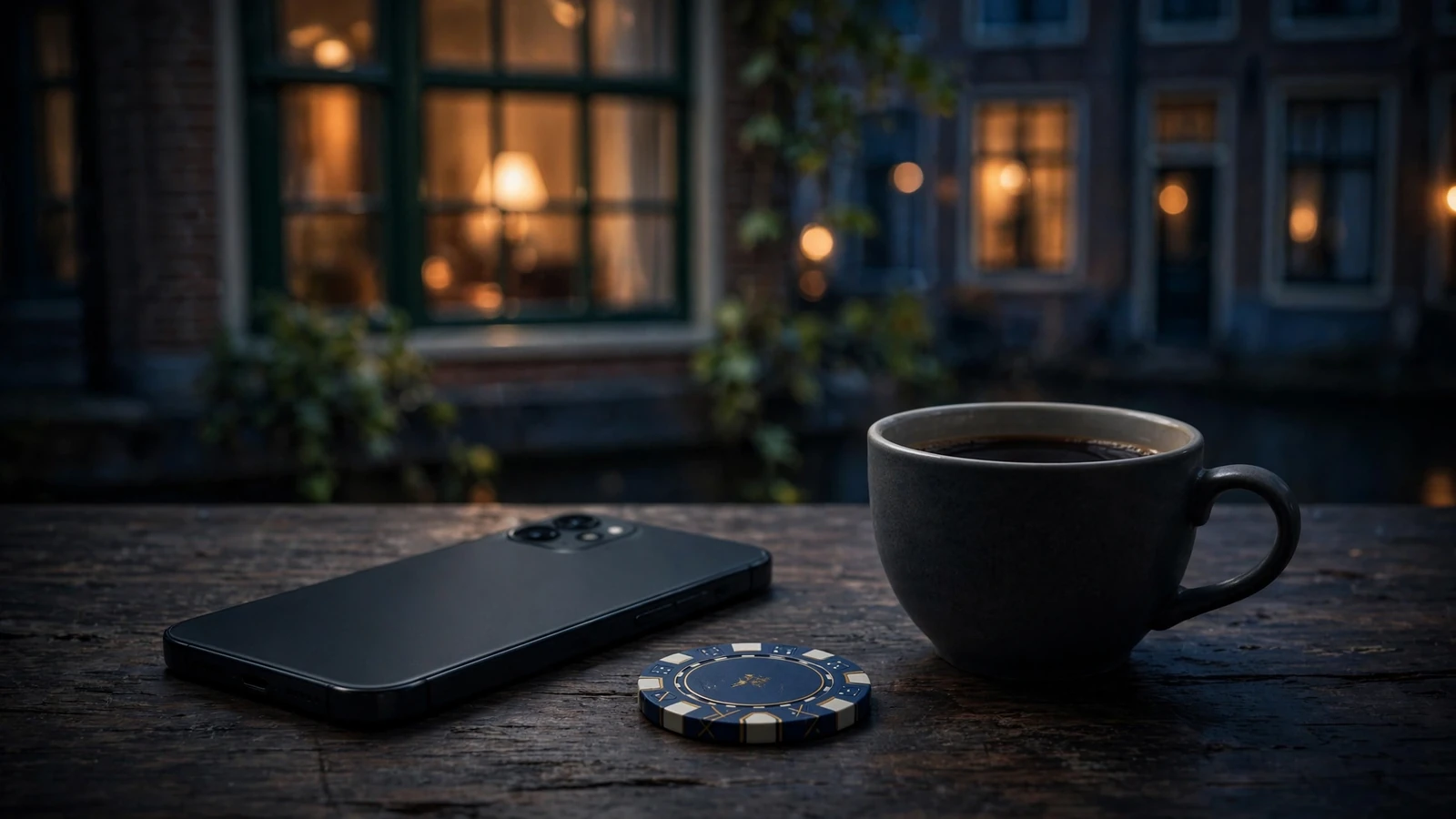 Smartphone met pokerchip op tafel naast Nederlands grachtenpand-raam