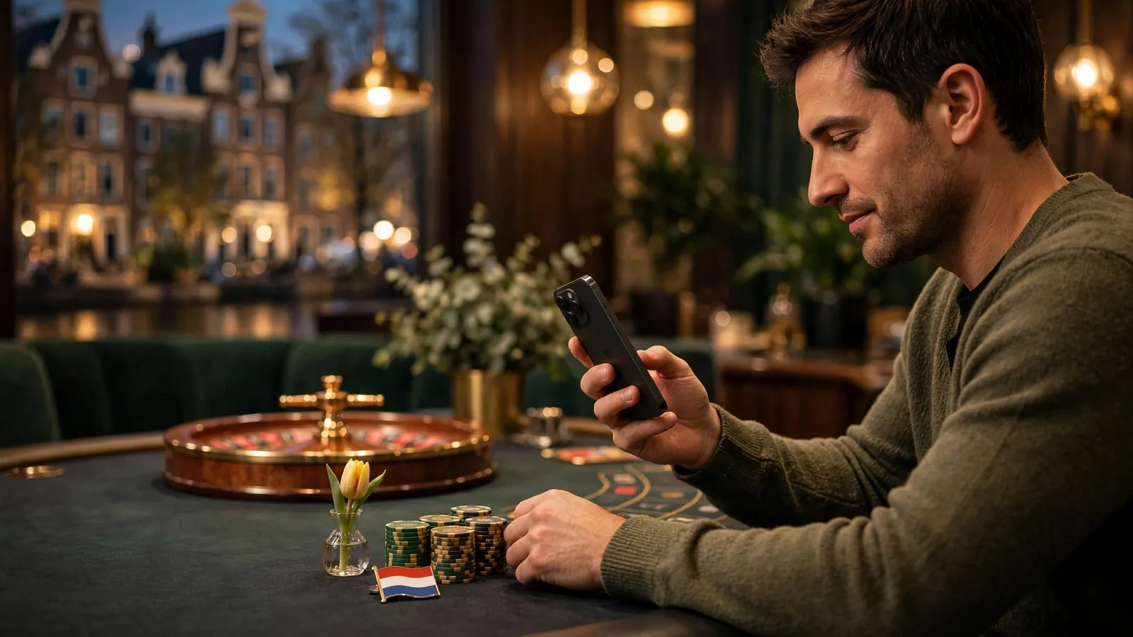 Persoon houdt smartphone met casino-sfeer op tafel