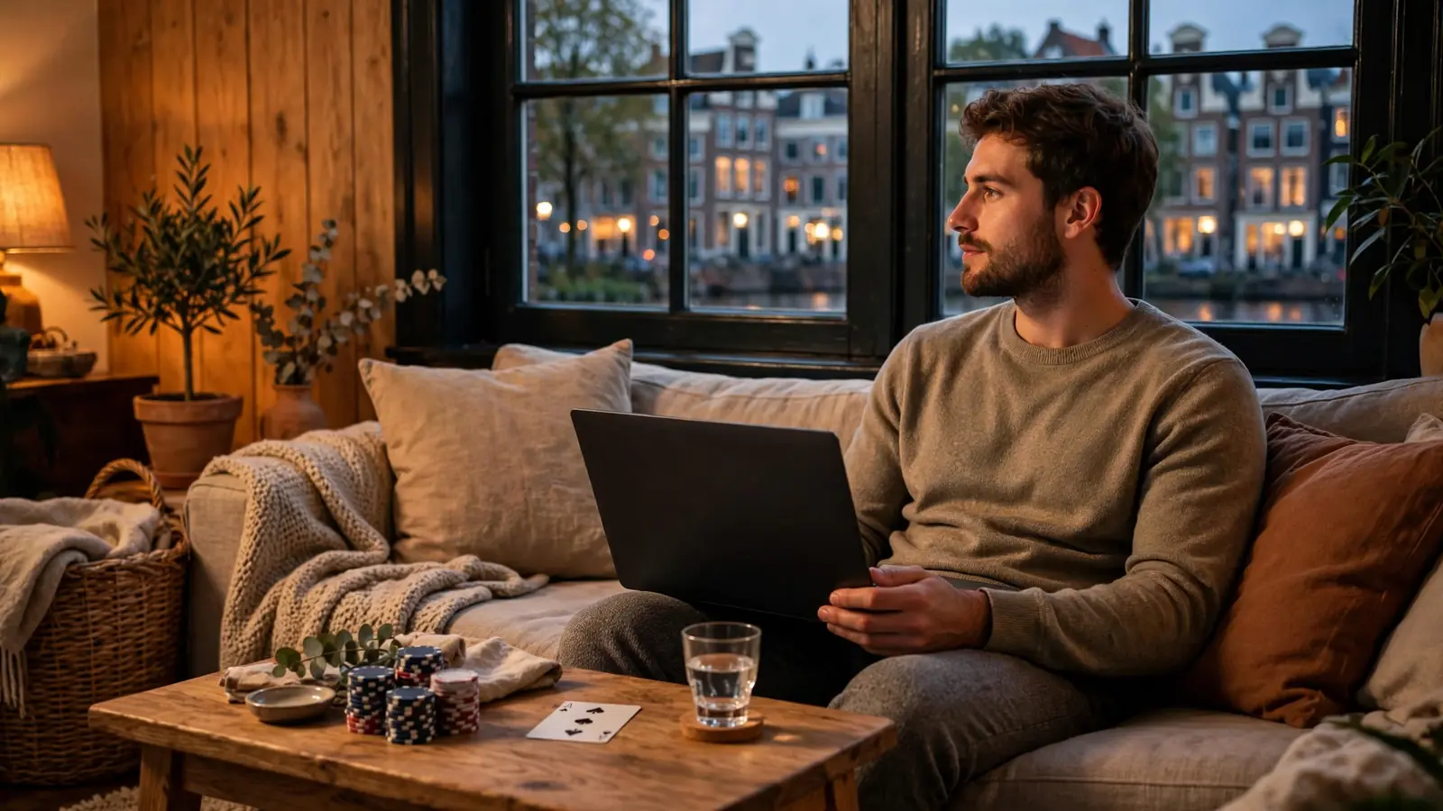 Ontspannen avond met gesloten laptop, casinochips en kaart in een Nederlands interieur