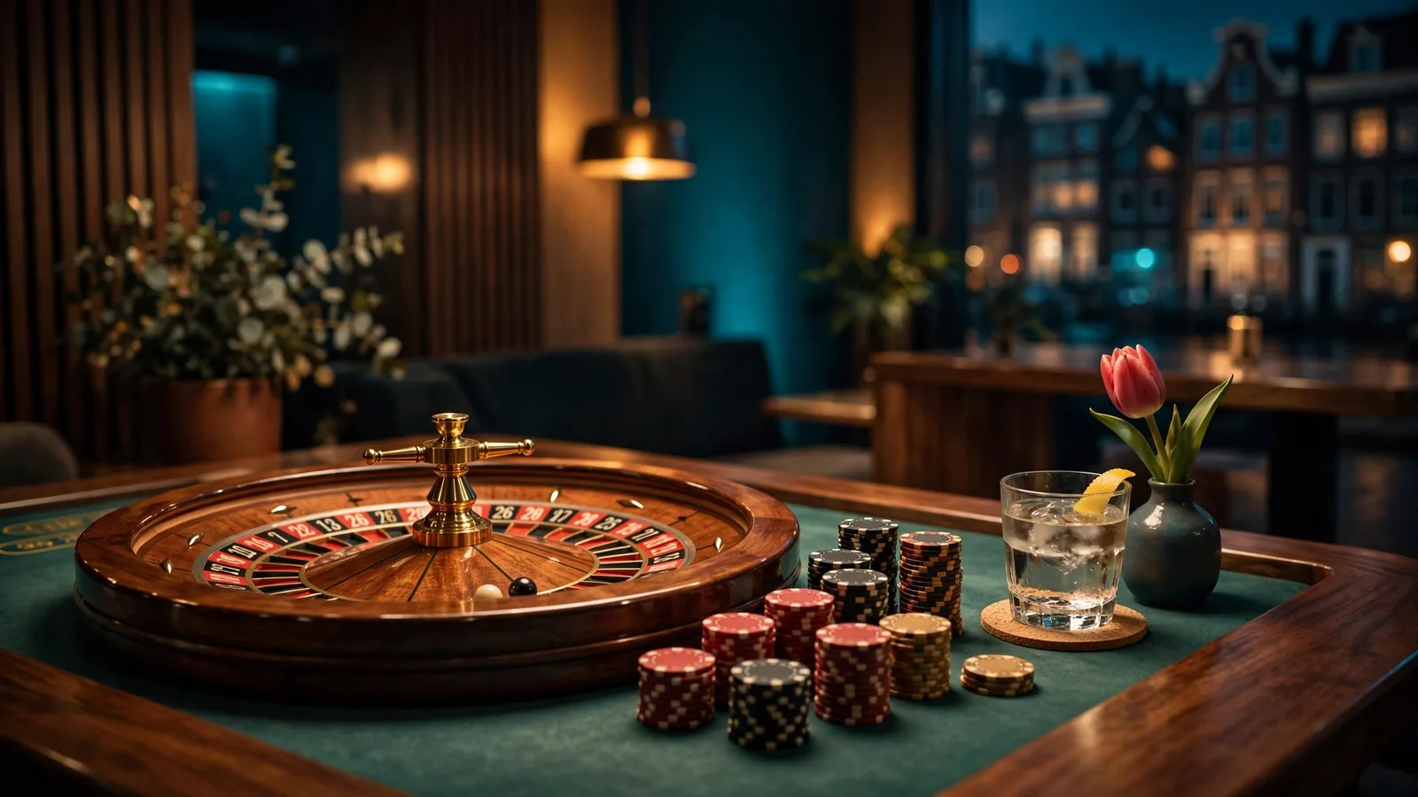Stijlvolle casino setting met roulettewiel en fiches in Nederlandse sfeer