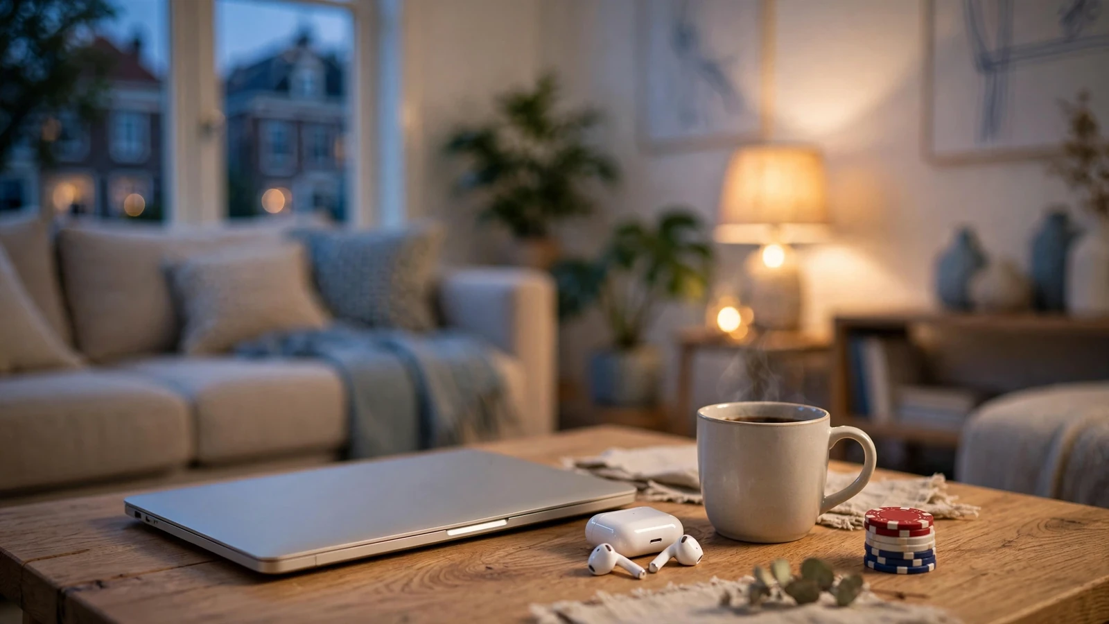 Sfeervolle Nederlandse woonkamer met gesloten laptop en pokerfiches op tafel
