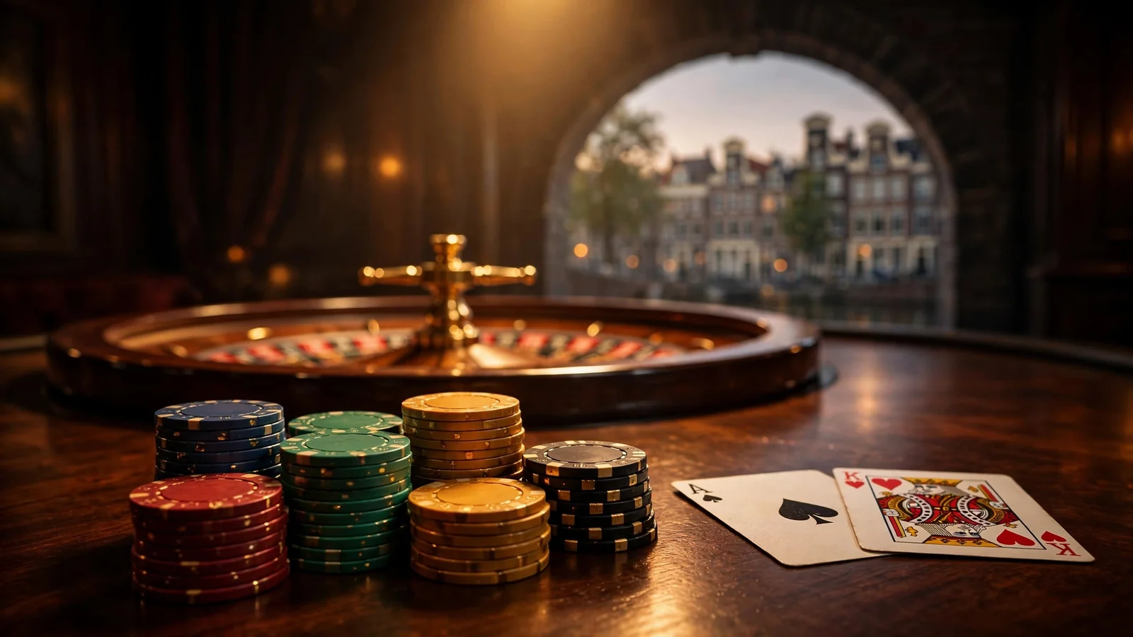 Stilleven van casinotafel met fiches, kaarten en roulette in warme sfeer
