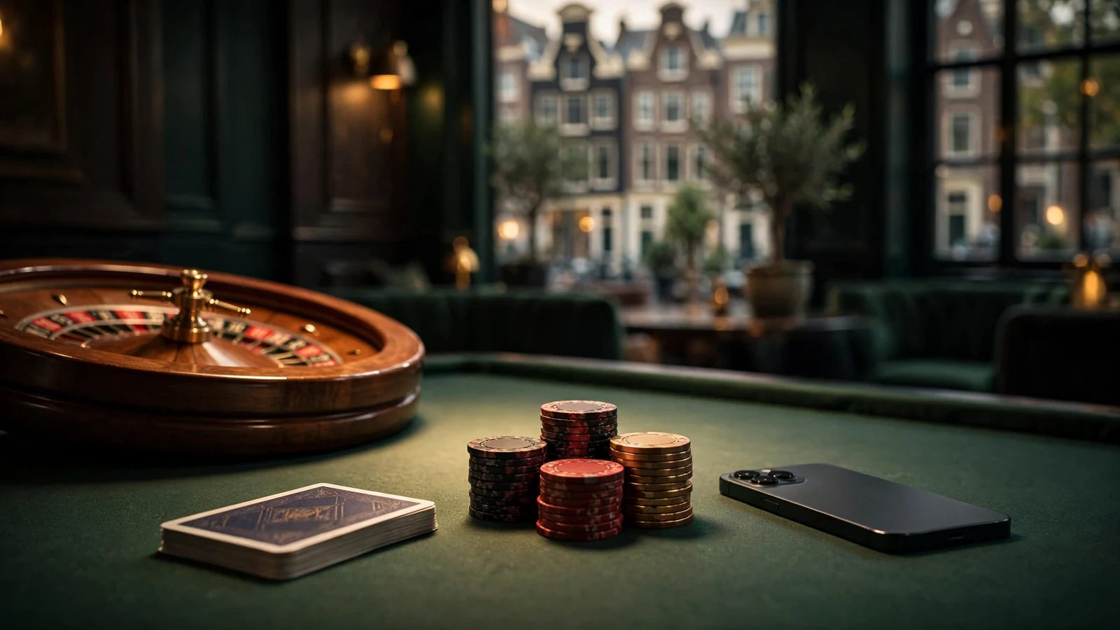 Elegante roulette, speelkaarten en fiches in een casino