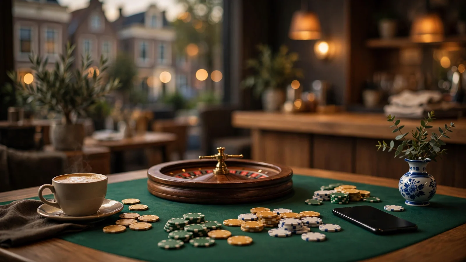 Stijlvolle casino-sfeer met fiches, roulette en een dichtgeklapte telefoon