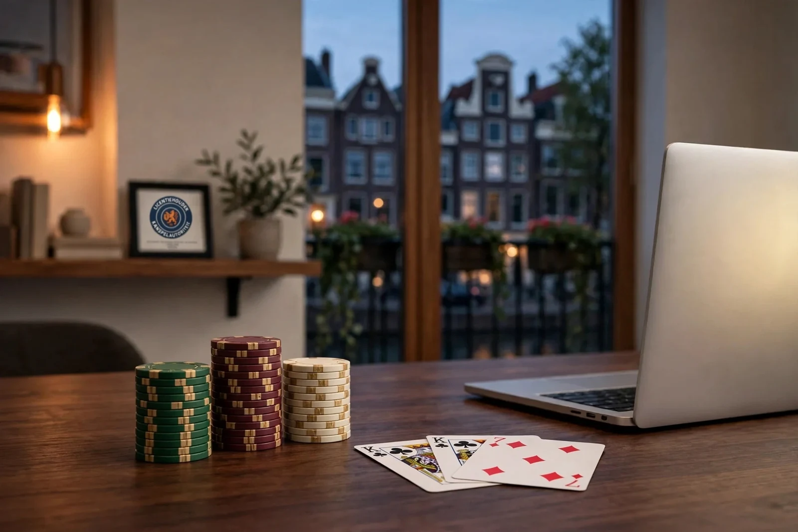 Stijlvolle Nederlandse woonkamer met casinofiches en speelkaarten op tafel bij schemering