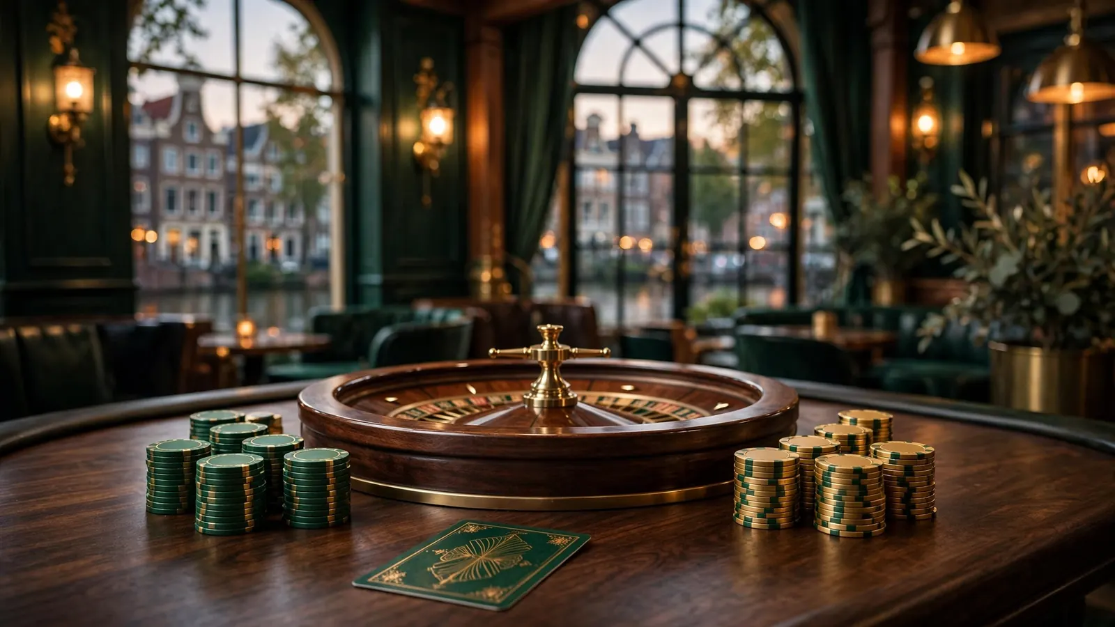 Elegante casinotafel met roulettewiel en stapels groene en gouden fiches