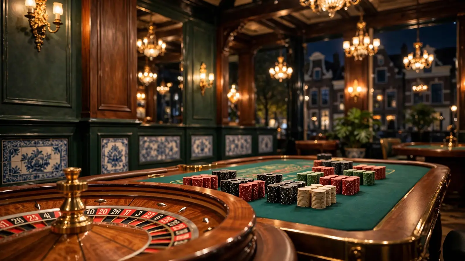 Stijlvolle casinoruimte met roulettewiel en speelfiches in warme sfeer.