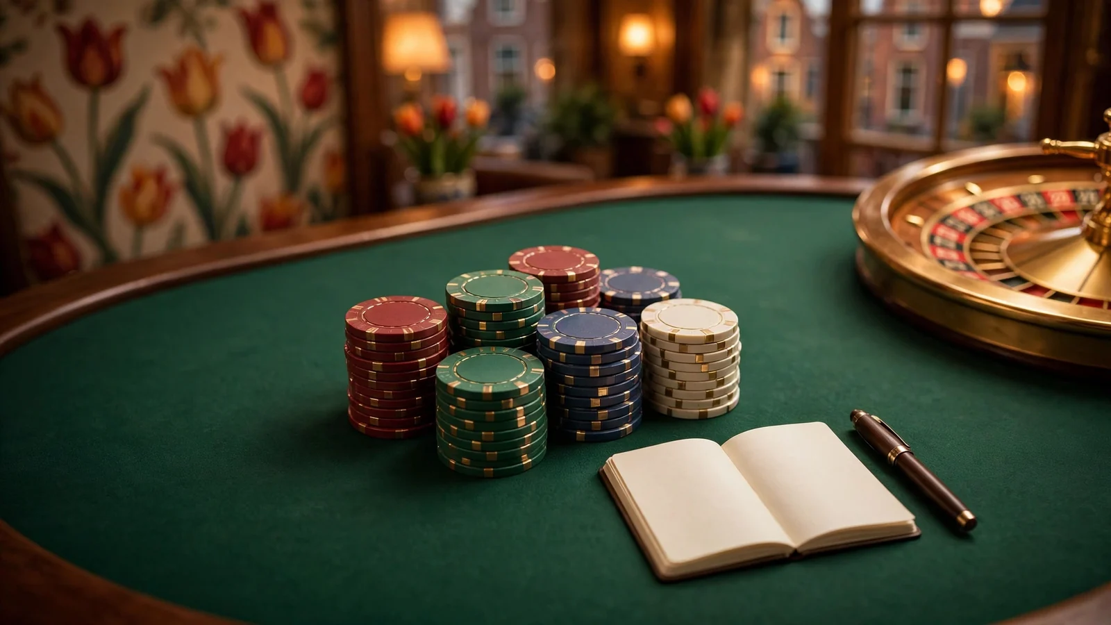 Stapel casinofiches op een groene speeltafel met een roulettewiel en notitieboek.