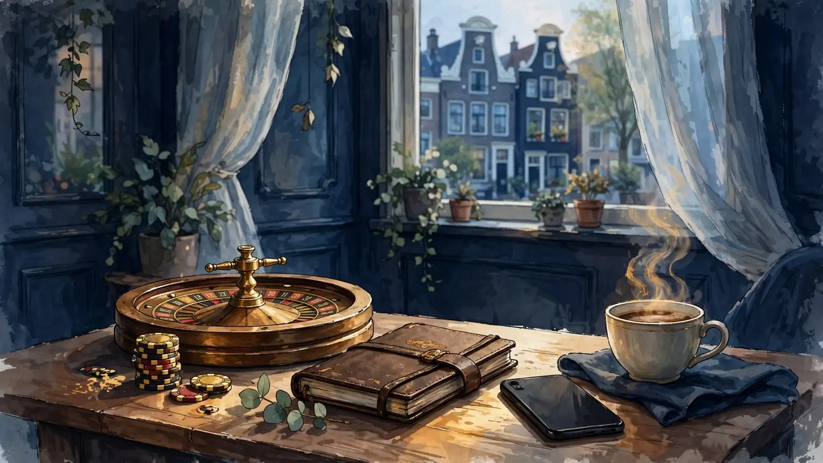 Stille scène met casinospelmaterialen op een houten tafel in een Nederlands interieur