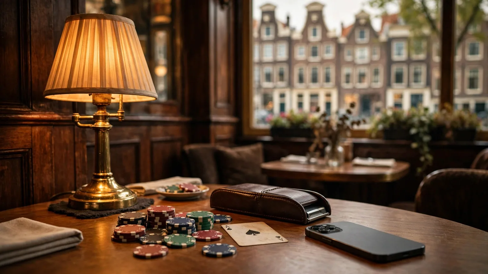 Nederlandse bruine kroegtafel met casinofiches en speelkaarten