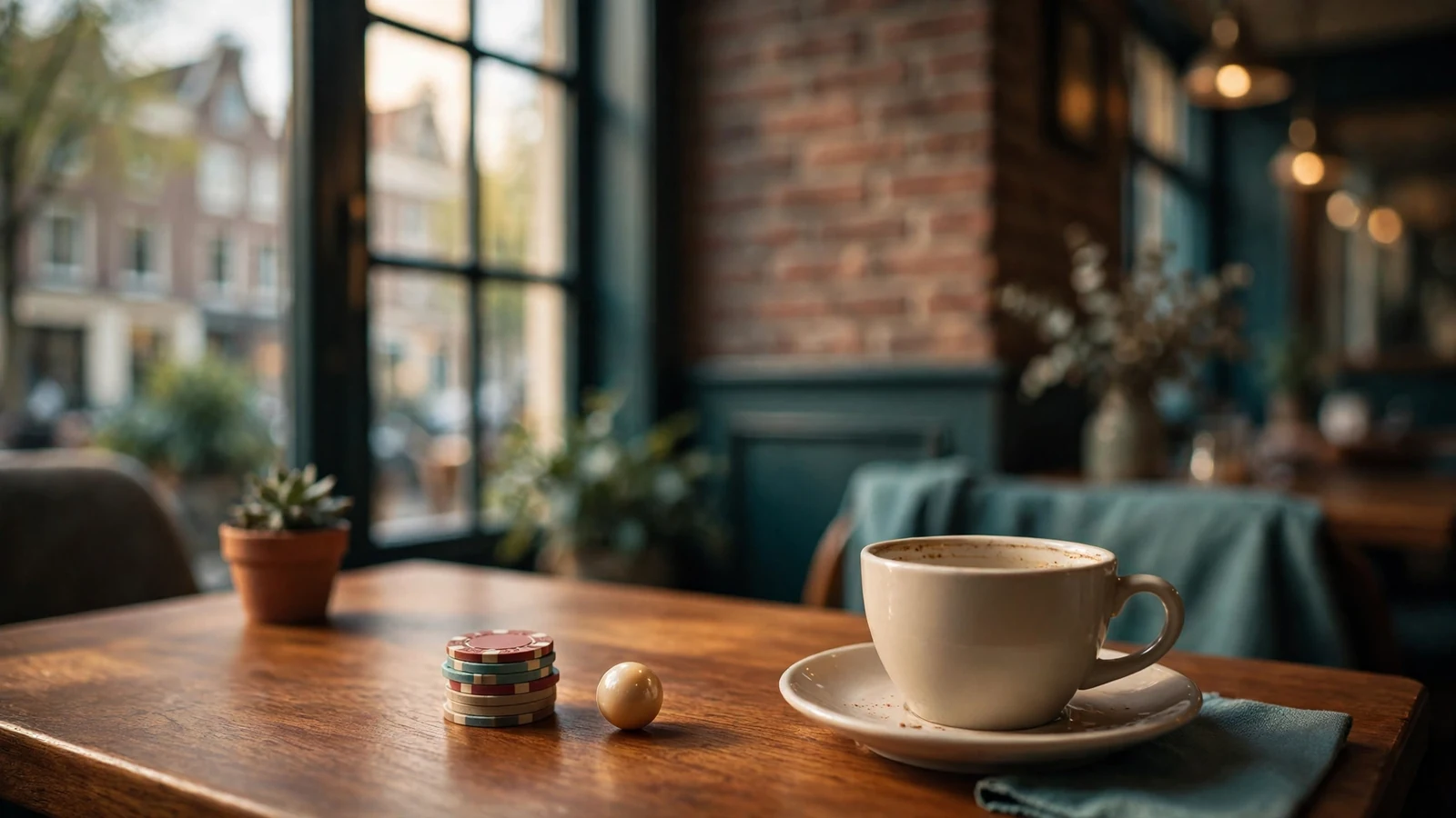 Sfeervolle Nederlandse koffiezaak met casinofiches en roulettebal op tafel