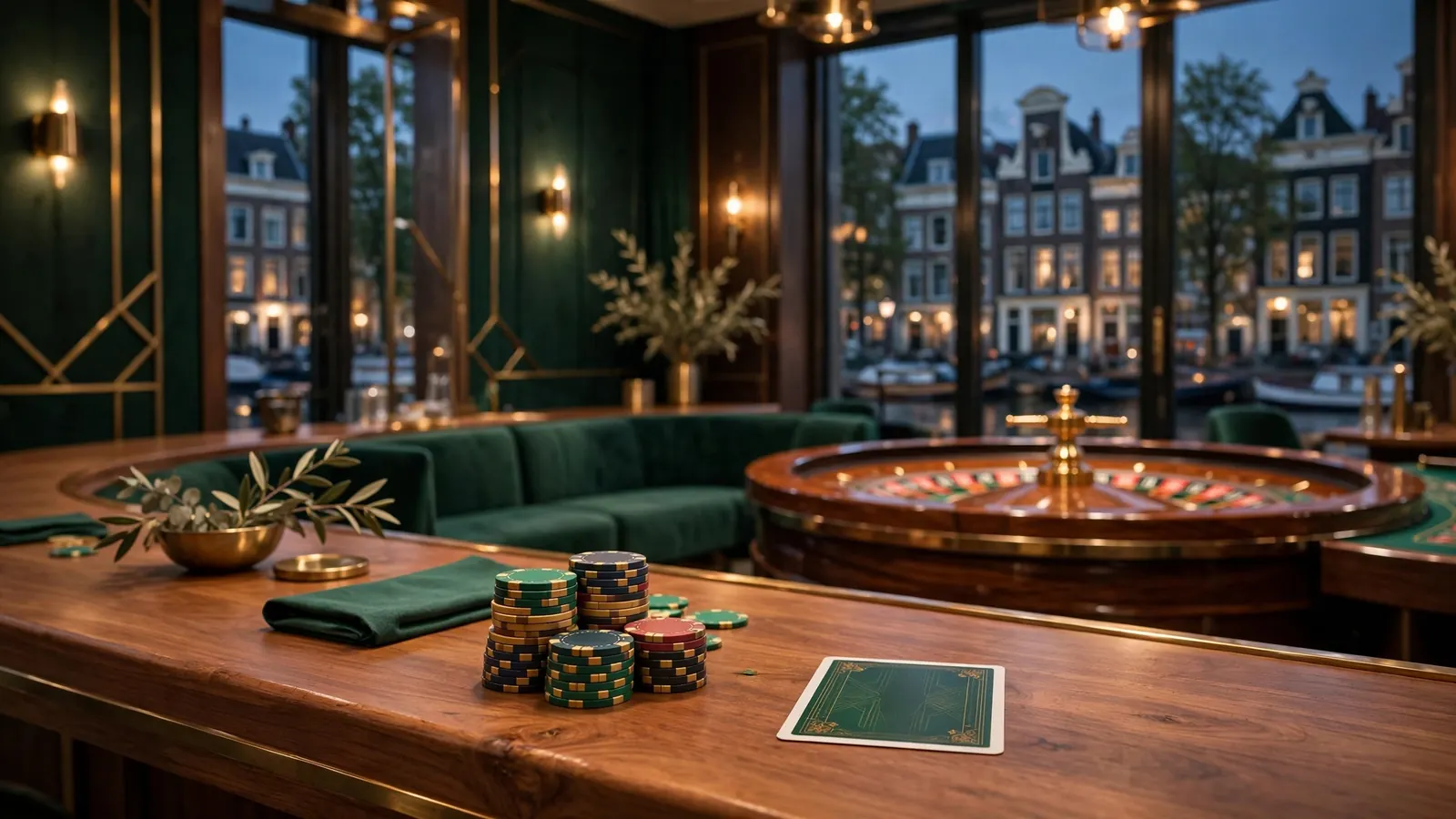 Stijlvolle casinobalie in Amsterdam met fiches en roulettewiel