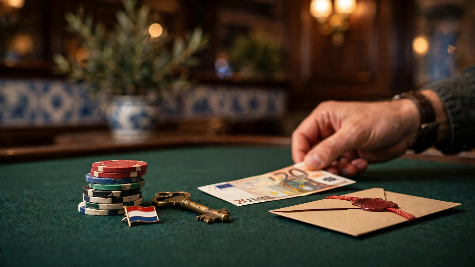 Casinochips, sleutel en envelop op groene vilttafel, sfeer van stortingsbonus