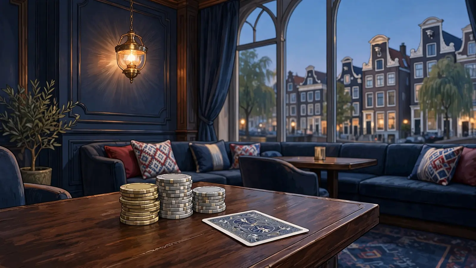 Stijlvolle Nederlandse casino lounge met speelchips en grachtenpanden door het raam