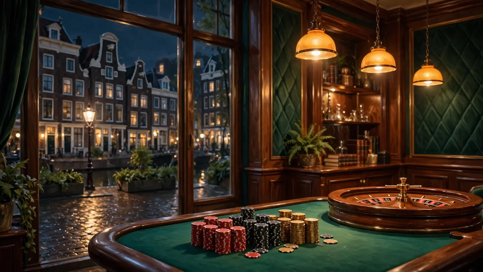 Sfeer van een casino met roulette en fiches in Amsterdamse stijl