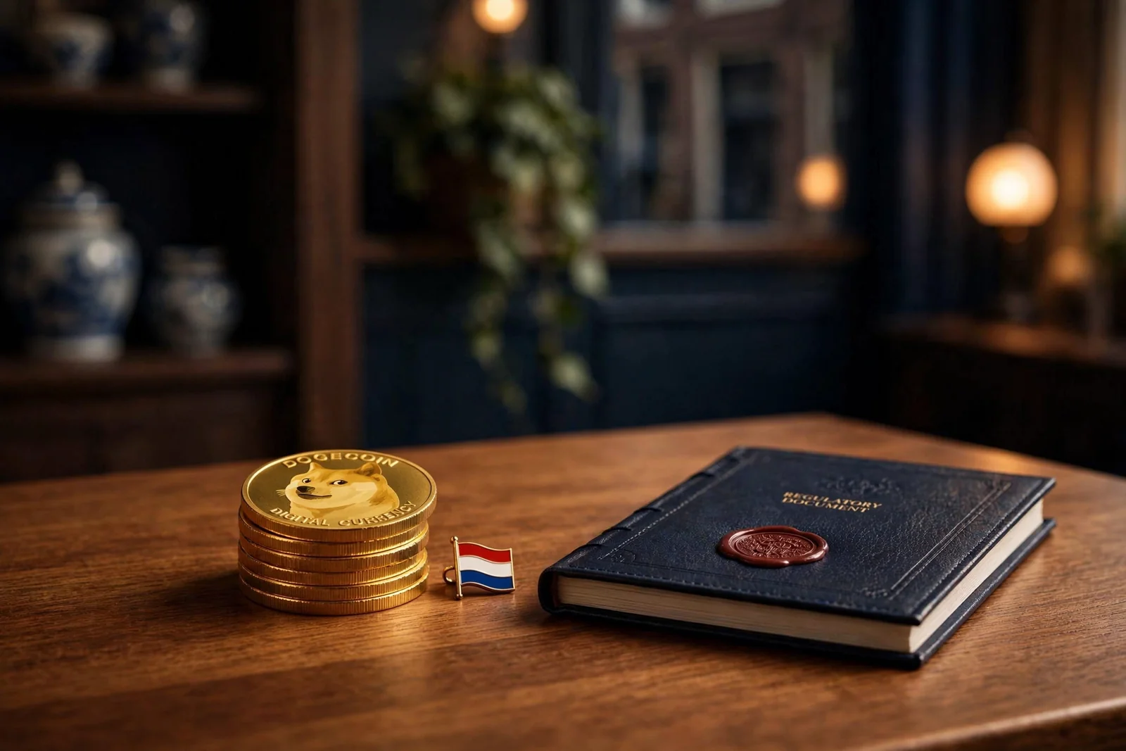 Dogecoin-munten en een vergunningsdocument met Nederlandse vlag op tafel