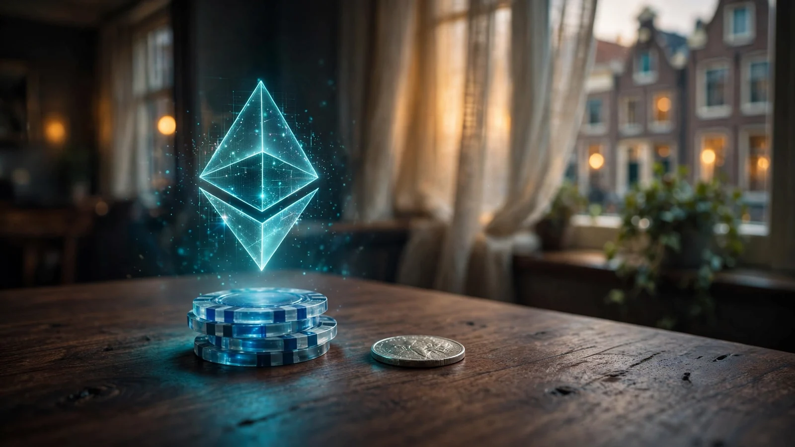 Ethereum symbool boven casino fiches in een Nederlands interieur