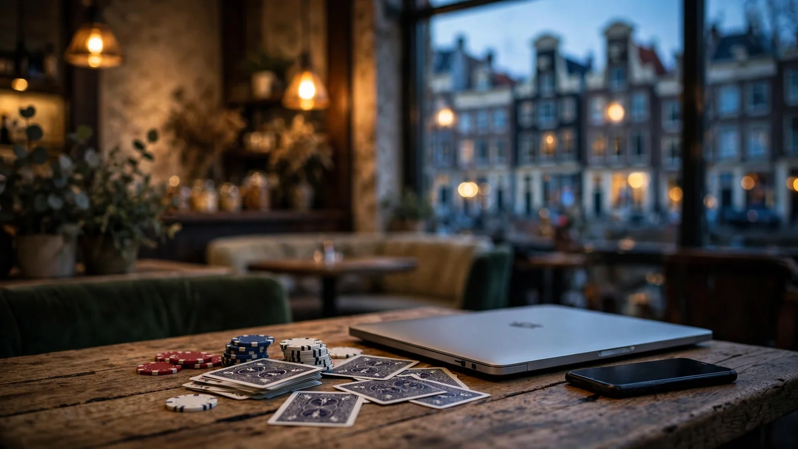 Sfeervolle Amsterdamse setting met casinofiches en een dichte laptop