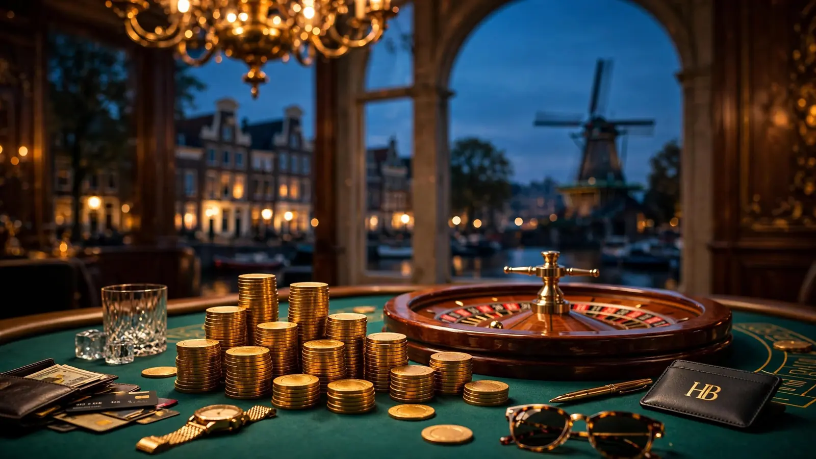 Gouden casinofiches en roulettewiel met Nederlandse grachtenpanden op de achtergrond