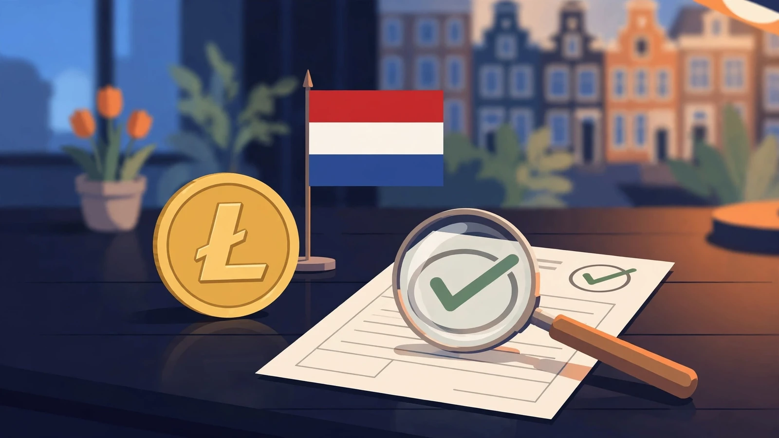 Litecoin-munt met Nederlandse vlag en vergunning