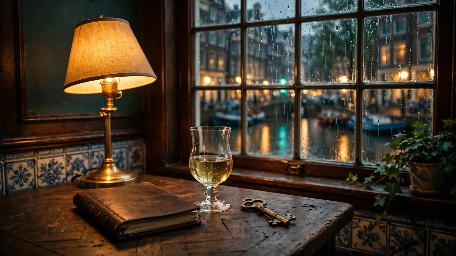 Sfeervol Amsterdams grachtenhuis bij nacht met jenever en notitieboek