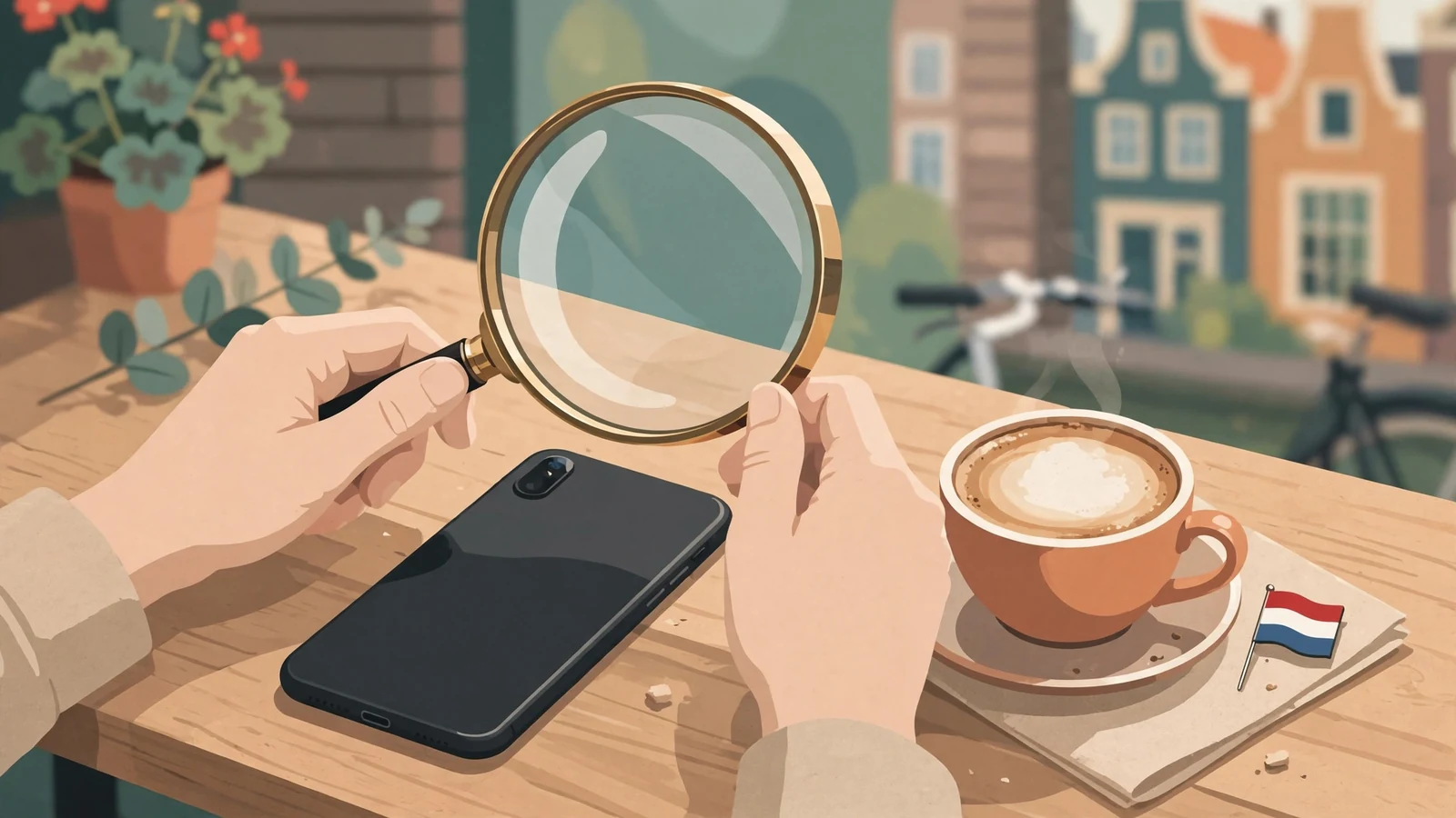 Vergrootglas boven smartphone op tafel met Nederlandse vlag en koffie