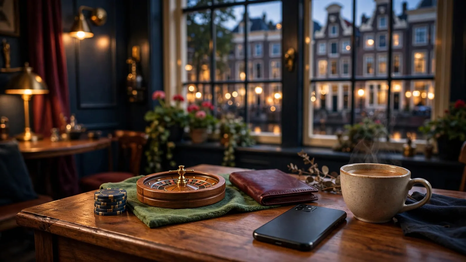 Stijlvolle avondsfeer met casinofiches, roulettewiel en een gesloten telefoon op een houten tafel.