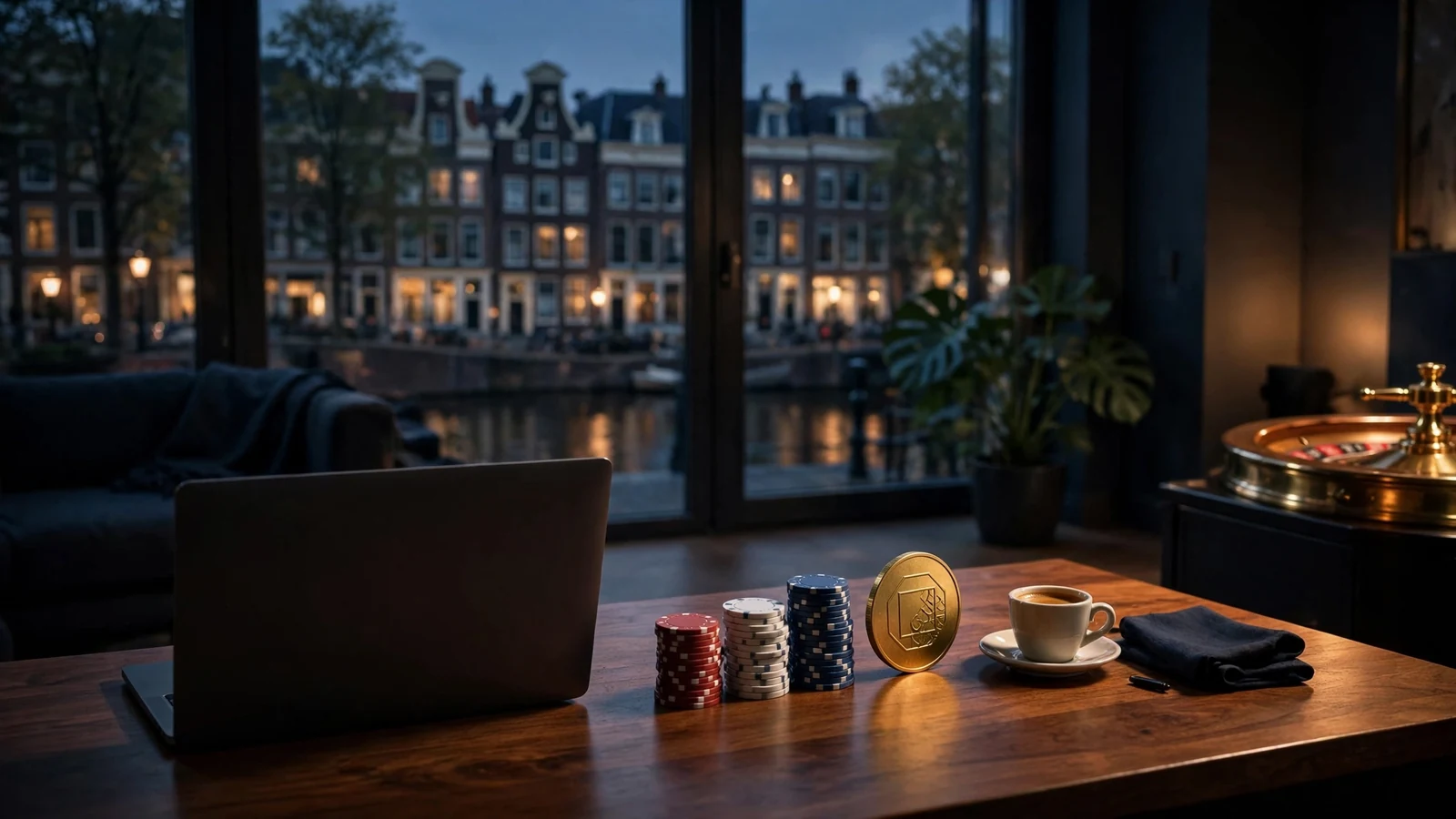Stijlvolle avondscène met casinofiches, bitcoin-munt en roulettewiel in een Nederlands interieur met grachtenpanden op de achtergrond.