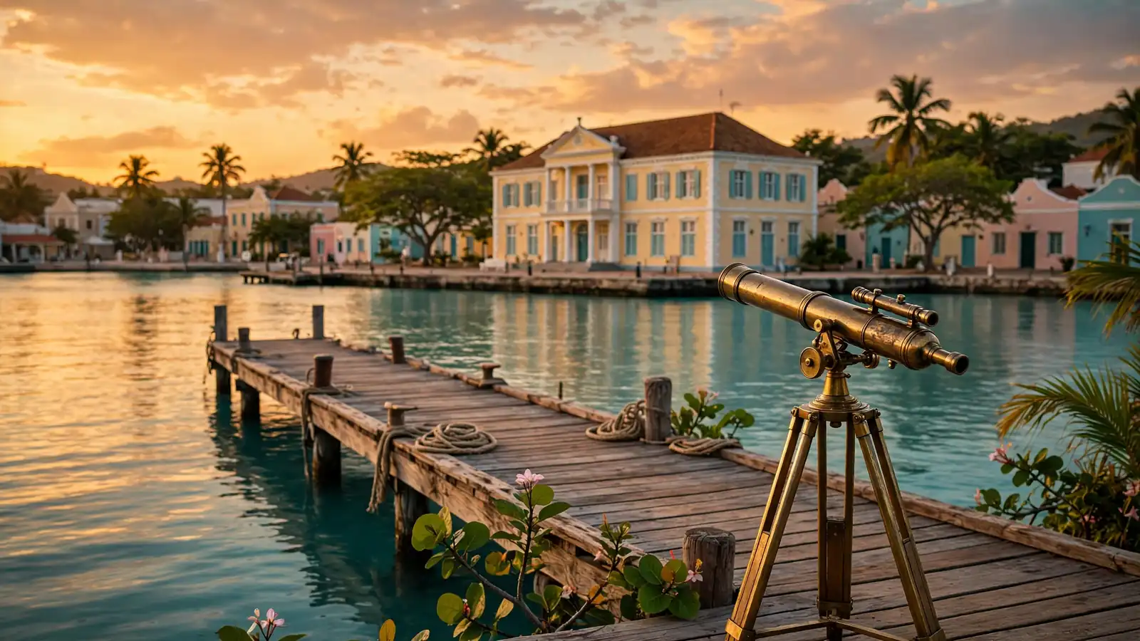 Zonsondergang boven een Caribische haven met antieke telescoop aan de kade