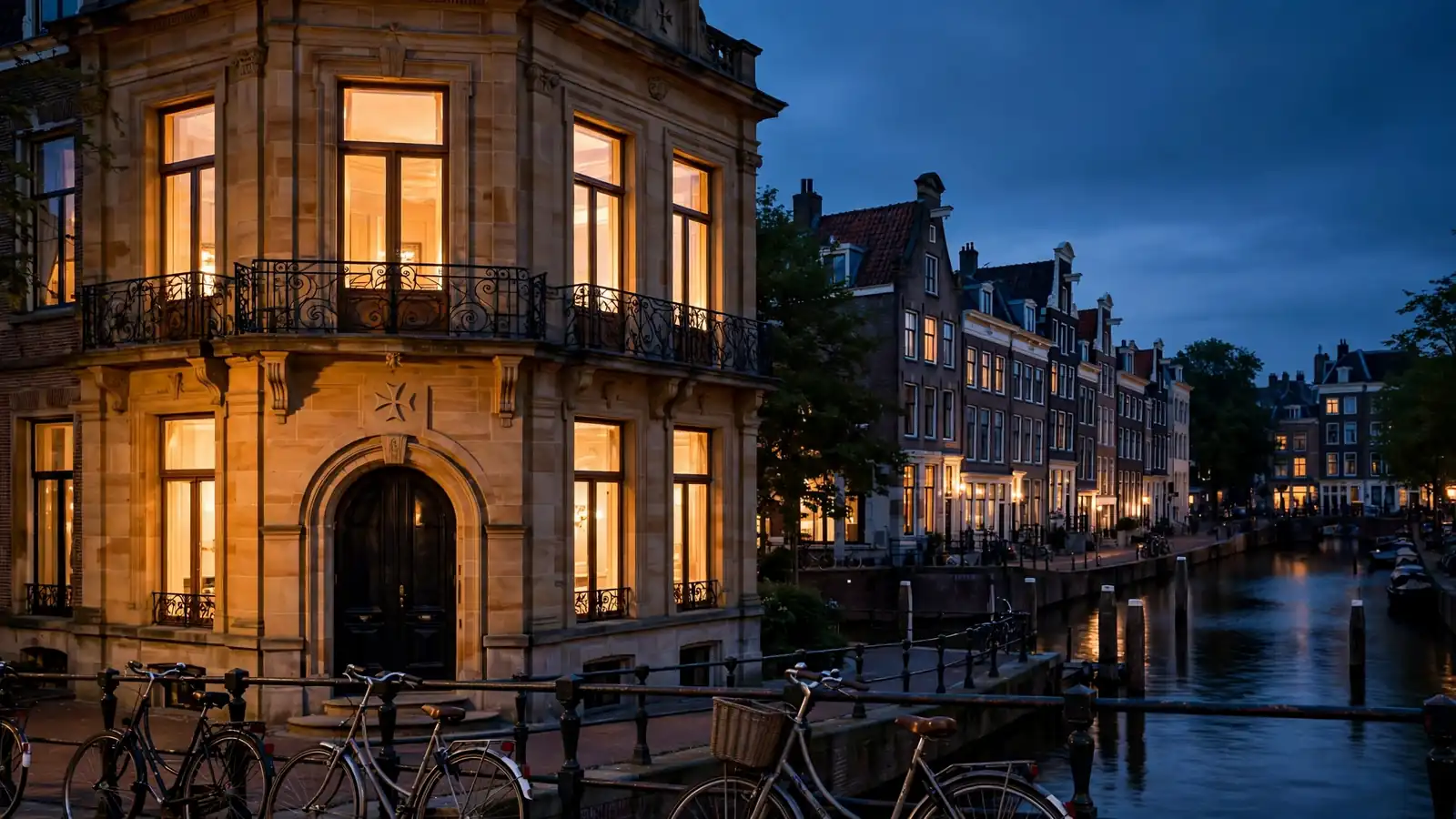 Elegante casino gevel aan een Nederlandse gracht bij schemering, met een discreet Maltees kruis boven de ingang.