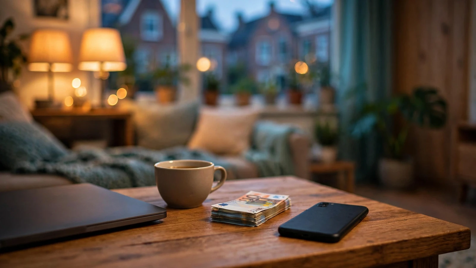 Smartphone op salontafel met eurobiljetten en dichtgeklapte laptop in een Nederlands interieur.