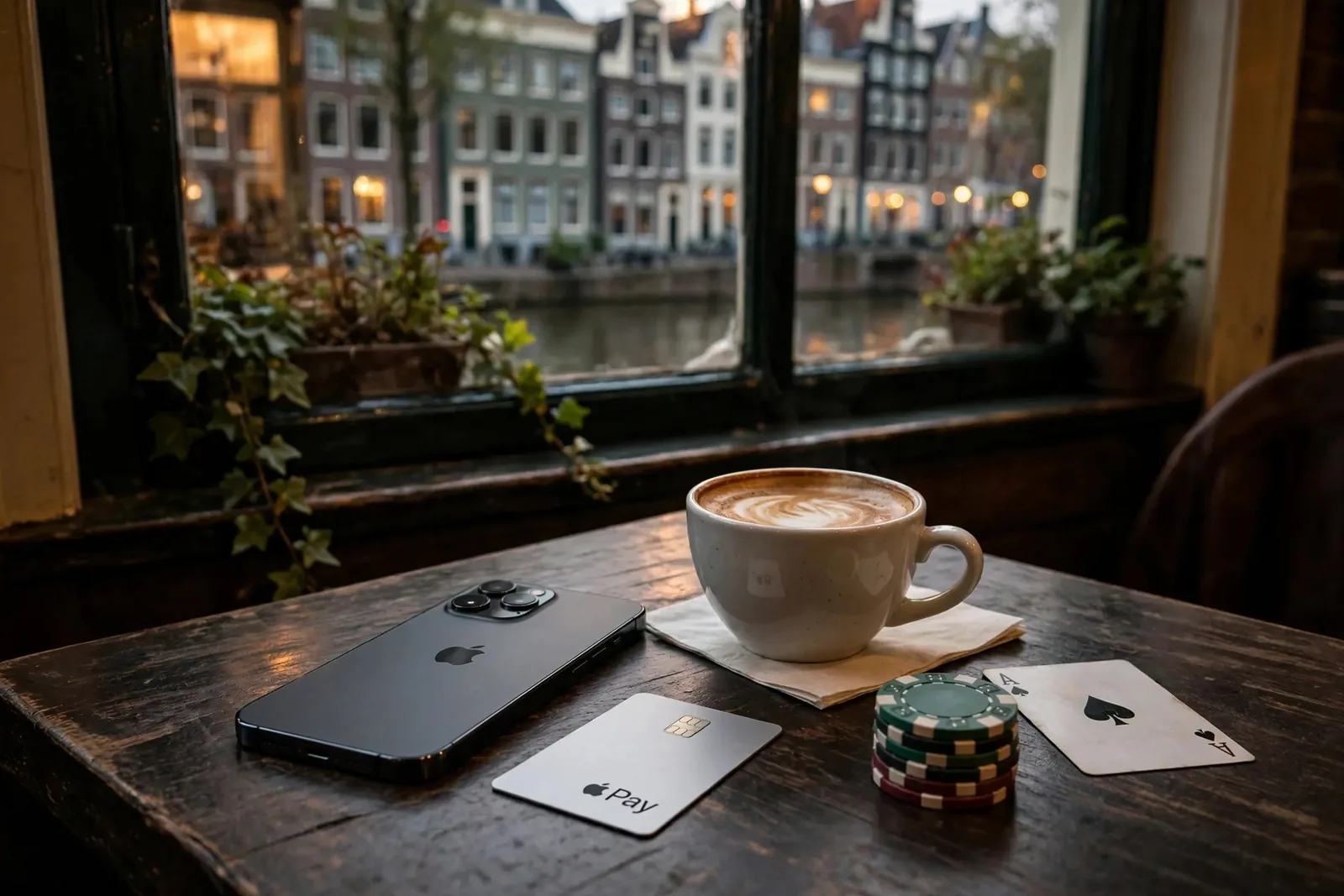 iPhone en casinofiches op een tafel in een Nederlands café