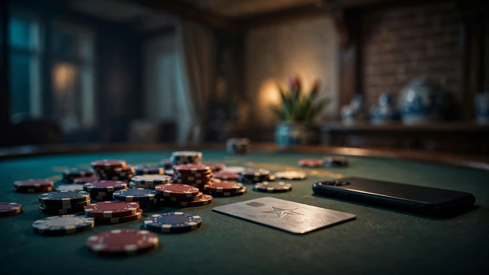 Casinochips, creditcard en smartphone op een tafel
